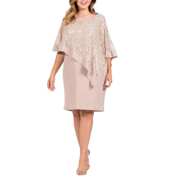 R&M Richards Women's Tan Embellished Asymmetric Poncho Dress Petite Size 12P - Picture 1 of 9
